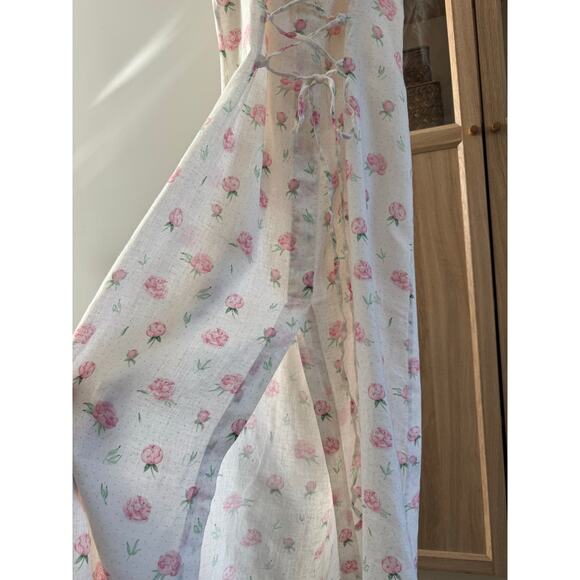 SLEEPER MARQUISE LINEN Midi DRESS IN ROSES Small Corset Lace Up Slit - Picture 6 of 10